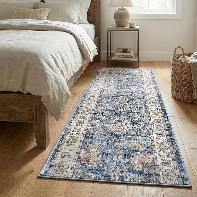 Well Woven Custom Size Runner - Elysium Midnight Blue Vintage Panel Rug 27 Inch Wide x 22 Feet Long (27"x 22' Runner) | heritage-inspired, soft & durable, easy to clean rug for hallway, stairs, entry