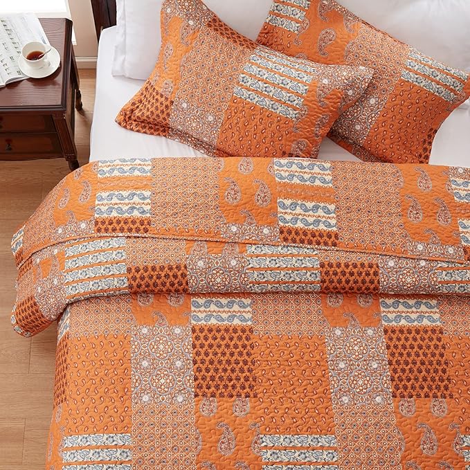 LEAONME 2 Pieces Twin Size Quilt Set Burnt Orange Rust Paisley Bedspread Coverlet Lightweight Microfiber Bedding Set 68x86 Inch Bed Cover for All Seasons (1 Quilt, 1 Pillow Sham)