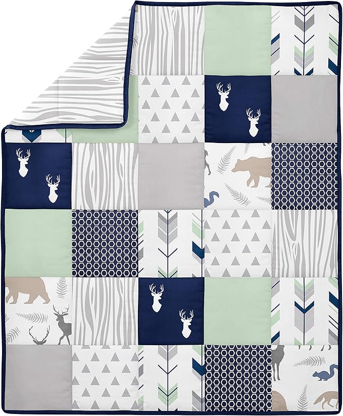 Sweet Jojo Designs Navy Blue, Mint and Grey Woodsy Deer Boys Baby Bedding 4 Piece Crib Set