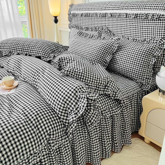 LifeTB Black Gingham Comforter Set Full Size Ruffle Plaid Checkered Pattern Comforter Farmhouse Plaid Gingham Bedding Comforter Set with 2 Pillowcases Luxury Soft Fluffy Grid Bedding Set Full Size