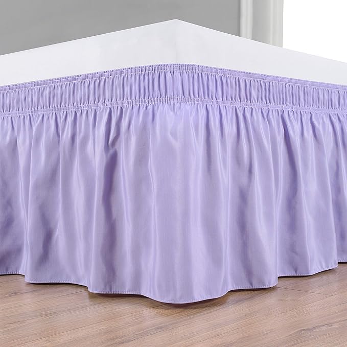Wrap Around Bed Skirts Elastic Dust Ruffles, Easy Fit Wrinkle and Fade Resistant Silky Microfiber Fabric Solid Color Bedskirt, 12 Inch Tailored Drop Lavender for Full XL Size Bed Skirt