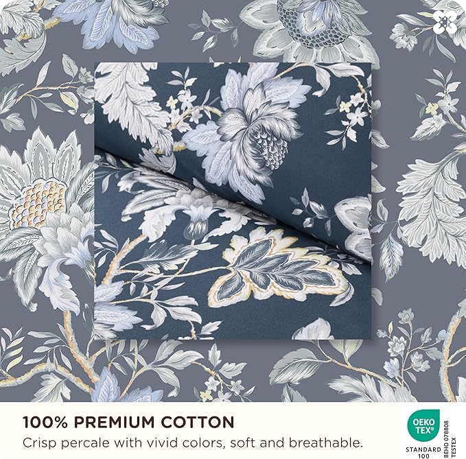 Bedsure 100% Cotton Reversible Duvet Cover Queen Size - Vintage Navy Floral Pattern Printed Comforter Cover with Zipper Closure & 2 Pillow Shams, Comforter Not Included (Vintage Navy Floral, 90"x90")