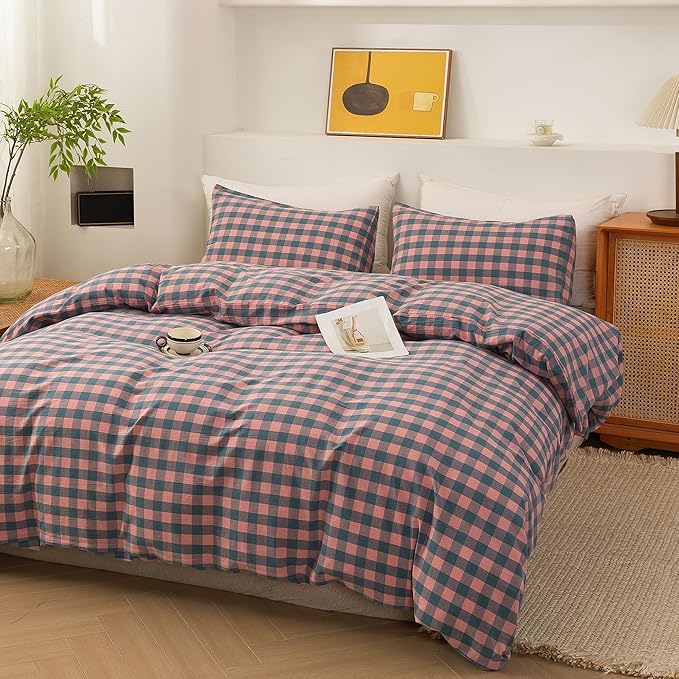 ECOCOTT Duvet Cover Oversized King Size, 100% Washed Cotton Linen-Like Soft & Breathable, Durable Comfy Bedding Set for All Seasons, Purple Pink Plaid