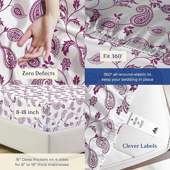 Mayfair Linen 100% Organic Cotton Printed Sheets California King Size - 4 PC Organic Cotton Cal King Percale Weave Sheet Set, Soft, Cooling & Crisp, 16" Deep Pocket Hotel Bedding Set - Paisley