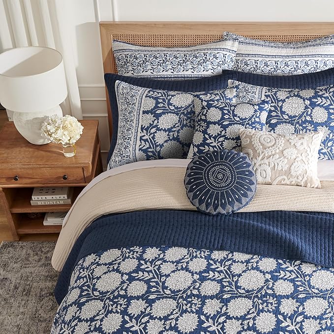 Levtex Home Adare Denim Reversible Twin/Twin XL Quilt Set (68x86in) with 1 Pillow Sham (26x20in) - Floral Bedding - Blue White - Cotton Twin Size Quilt Bedding Set - Lightweight, Soft, Pre-Washed