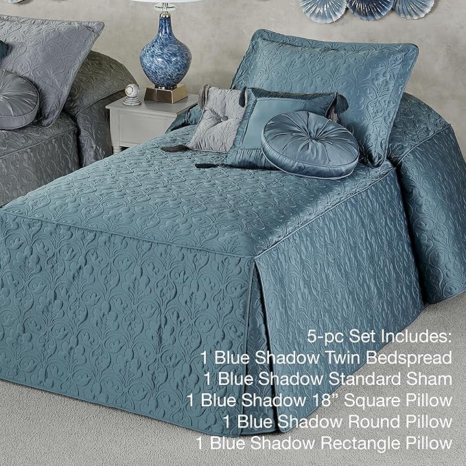 Cambridge Classic Luxury Bedding | Blue Shadow Solid Color Polyester Satin | Elaborate Damask Quilting | 5 Pc Bed Set: Twin Bedspread, Standard Sham, & 3 Decorative Pillows | Also Fits Twin XL Beds