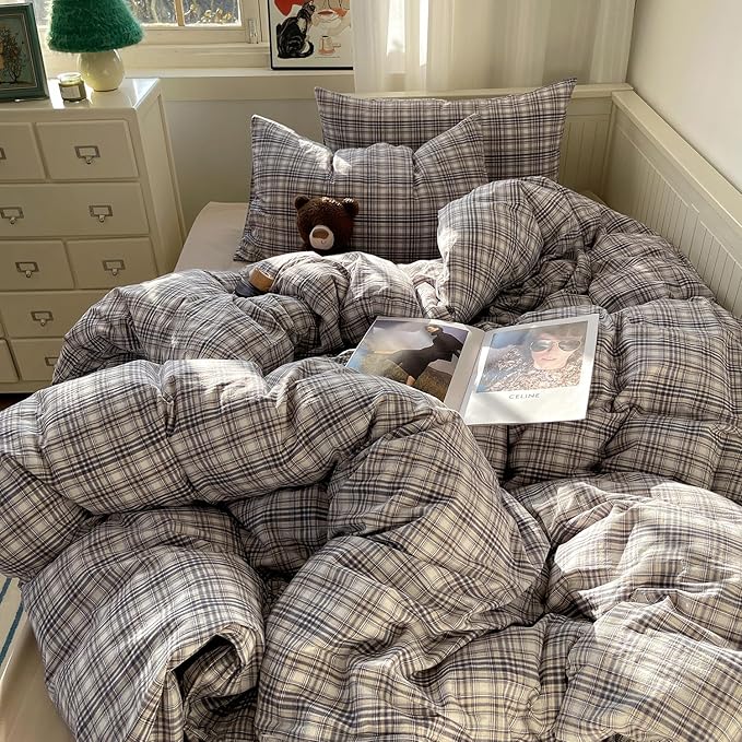 mixinni Full Duvet Cover Set - 3 Piece Vintage Buffalo Plaid Bedding, 100% Washed Cotton Duvet Cover with 2 Pillowcases, Soft & Breathable Navy Beige White Geometric Grid Pattern for All Seasons
