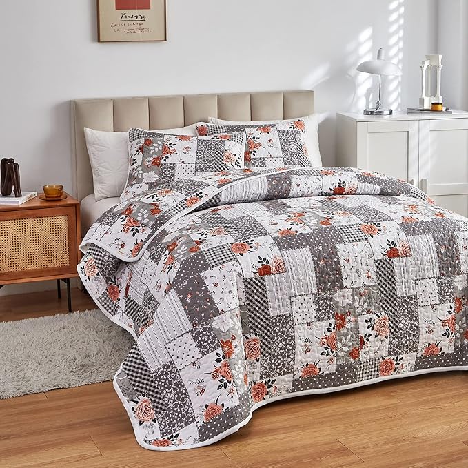Patchwork Quilt Set Twin Size, 2 Pieces Grey White Floral Plaid Design Summer Bedspread Coverlet Set, Soft Microfiber Reversible Lightweight Bed Cover for Kids (68" x 86", 1 Quilt+ 1 Pillow Sham)