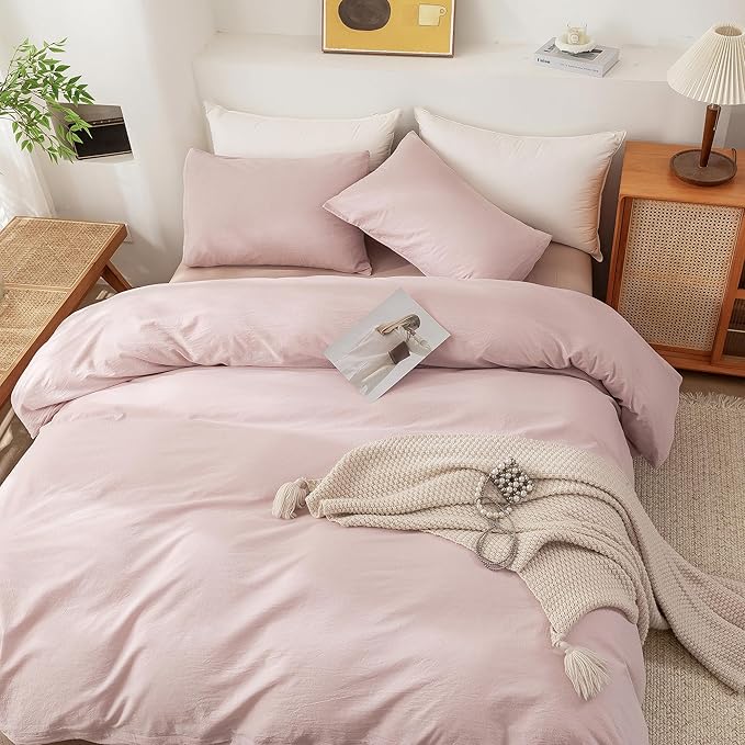 ECOCOTT Duvet Cover Set, 100% Washed Cotton Linen-Like Soft & Breathable, Durable Comfy Bedding Set for All Seasons Full Size (Greyish Pink)