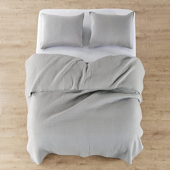 Levtex Home Cross Stitch Reversible Full Bedspread Set (100x104in) with 2 Pillow Shams (26x20in) - Stitch Texture - Light Grey - Cotton Full Size Bedspread Set - Lightweight, Soft, Pre-Washed