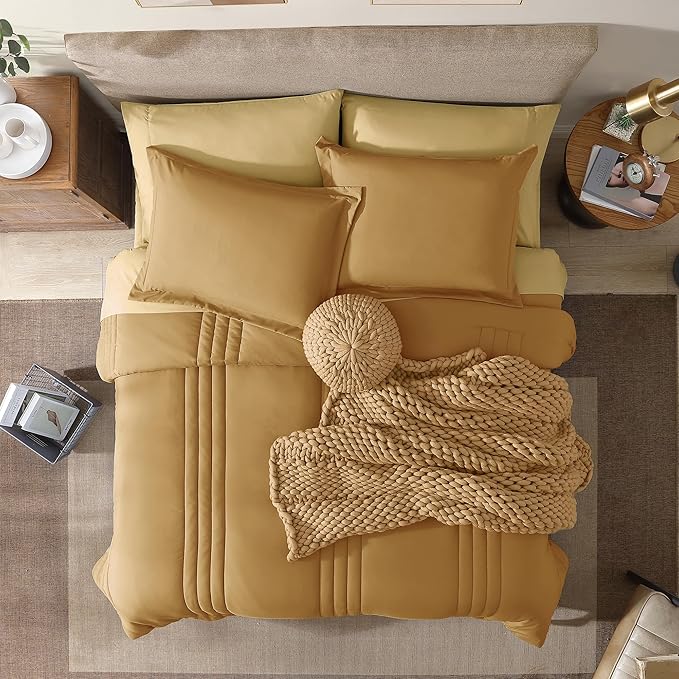 Monbix Queen Comforter Set - 7 Pieces Desert Yellow Bed in a Bag Queen Bedding Sets with Comforters, All Seasons Comforter Bed Set with Sheets, Pillowcases & Shams