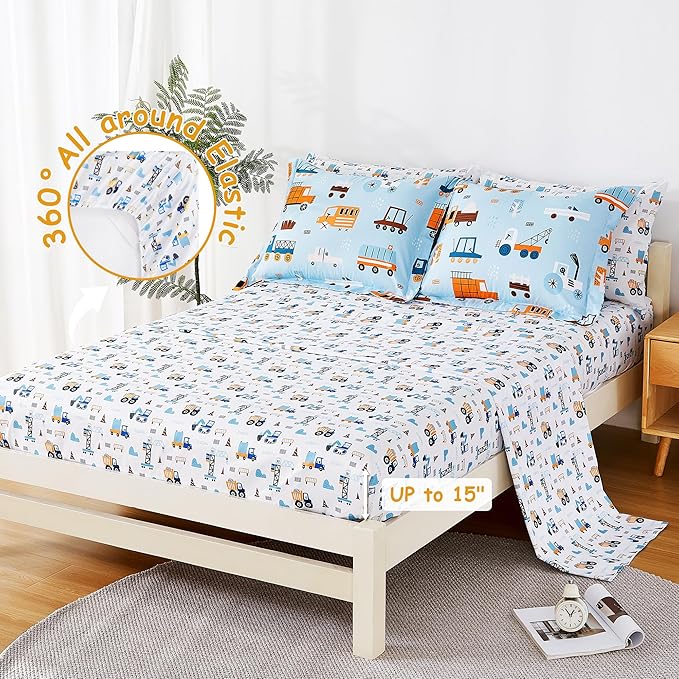 Mooreeke Kids Full Comforter Sets for Boys 8 Pieces Light Blue Bedding Set for Teens Microfiber Car Truck Kids Bed in A Bag with Comforter, Sheet Set, Shams and Decorative Toy Pillow All Season