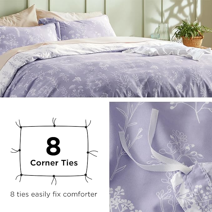 Bedsure Twin/Twin XL Duvet Cover - Reversible Purple Duvet Cover Set with Zipper Closure, 2 Pieces Cute Floral Patterned Bedding Set with 8 Corner Ties and 1 Pillow Sham