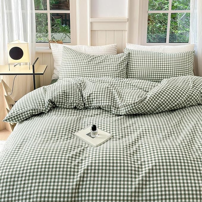 LifeTB Green Gingham Duvet Cover Twin XL 3 Pieces Green Grid Duvet Cover 100% Washed Cotton Checkered Plaid Comforter Cover with Zipper Ties 2 Pillowcases Soft Farmhouse Plaid Bedding Set Breathable