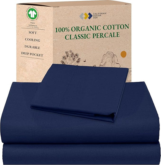 California Design Den Twin XL Sheet Set - Soft 100% Organic Cotton Twin XL Sheet Sets with Deep Pockets, Crisp, Breathable and Durable Bedding Set - Navy Blue