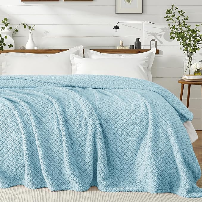 Exclusivo Mezcla King Size Fleece Blanket for Bed, Extra Soft Warm Decorative Fuzzy Blanket for Women, Lightweight Cozy Bedding Blankets, 90x104 Inches, Light Blue