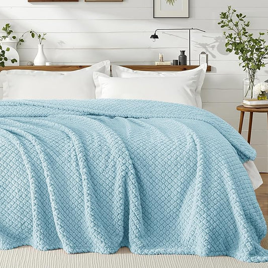 Exclusivo Mezcla Queen Size Fleece Blanket for Bed, Extra Soft Warm Decorative Fuzzy Blanket for Women, Lightweight Cozy Bedding Blankets, 90x90 Inches, Light Blue