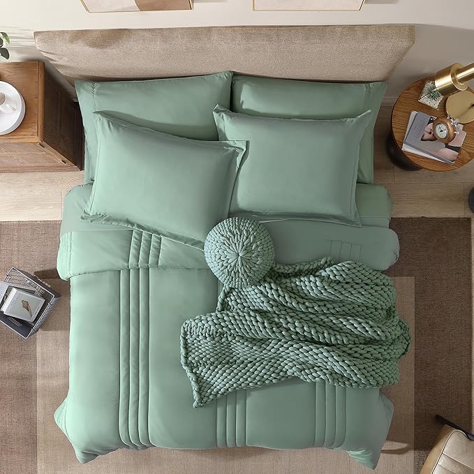 Monbix Queen Comforter Set - 7 Pieces Harbor Green Bed in a Bag Queen Bedding Sets with Comforters, All Seasons Comforter Bed Set with Sheets, Pillowcases & Shams