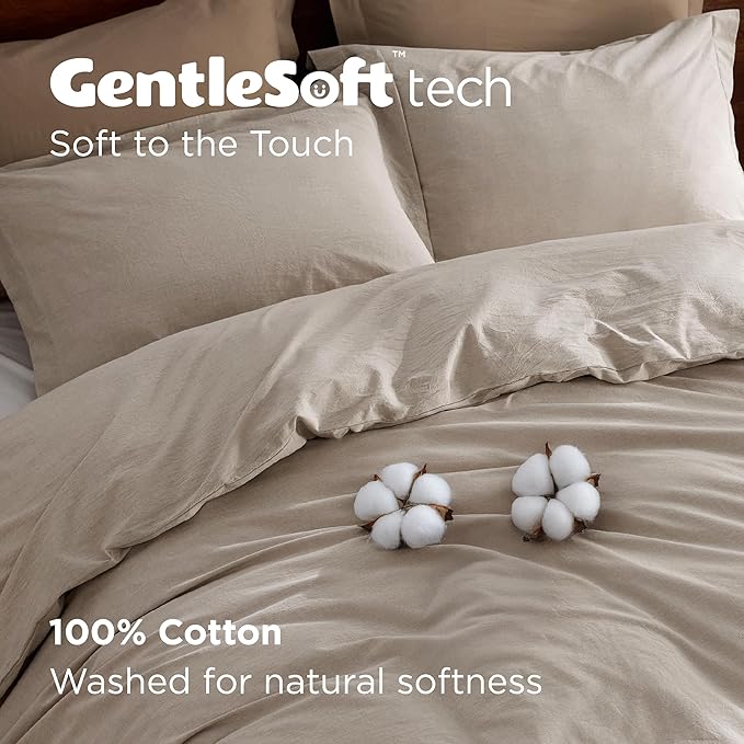 Bedsure 100% Washed Cotton Duvet Cover Queen Size - Tannish Linen Grey Minimalist Cotton Duvet Cover for All Seasons - GentleSoft™ Plain Simple Bedding Set (Tannish Linen Grey, Queen, 90"x90")