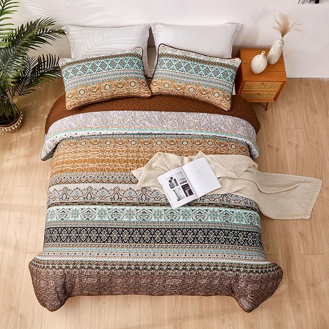 WONGS BEDDING Boho Fall Queen Quilt Set, Brown Bohemian Queen Quilt Bedding Set, Lightweight Microfiber Bed Decor Bedspread for All Season 96"x90"(3 Pieces)