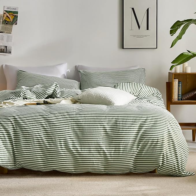 JELLYMONI 100% Natural Cotton 3pcs Striped Duvet Cover Sets,White Duvet Cover with Green Stripes Pattern Printed Comforter Cover,with Zipper Closure & Corner Ties(Cal King Size)