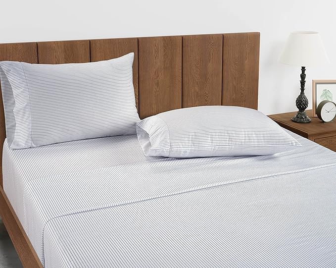 LANE LINEN King Fitted Sheet, 100% Organic Cotton, 3-Piece Set (1 Fitted Sheet,2 Pillowcases), Percale Weave, Ultra Soft, Breathable,Fits Mattress Upto 15" Deep - Ticking Stripe(No Flat Sheet)