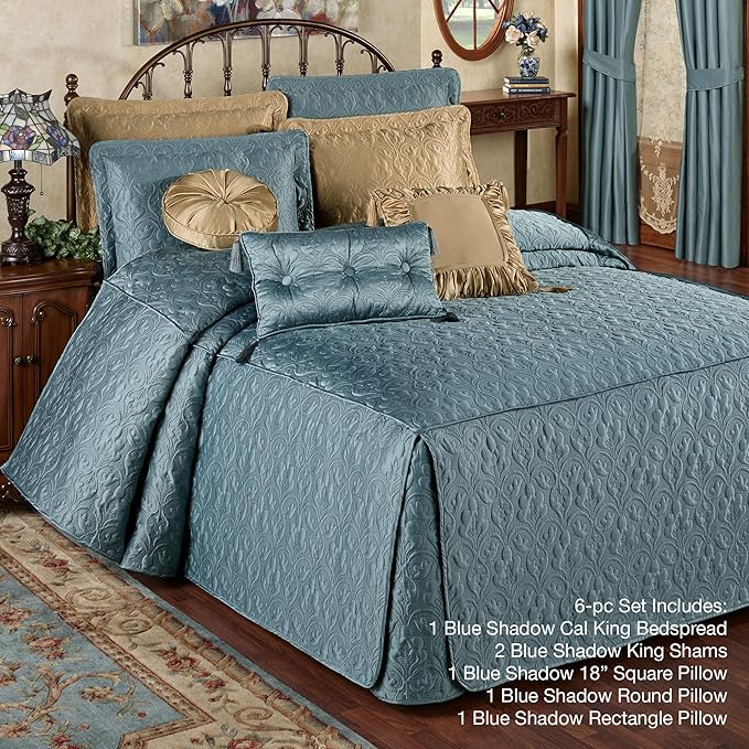 Cambridge Classic Luxury Bedding | Blue Shadow Solid Color Polyester Satin | Elaborate Damask Quilting | 6 Pc Set Includes Oversized California King Bedspread, 2 King Shams, & 3 Decorative Pillows