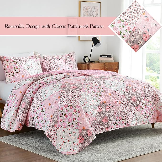Whale Flotilla Patchwork Quilts Queen Size, Extra Soft Boho Floral Bedspreads for Bed Reversible Lightweight Full Queen Quilt Bedding Set Printed Coverlets with 2 Pillow Shams for All Seasons, Pink