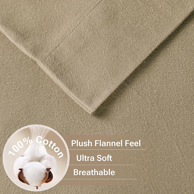 True North by Sleep Philosophy Cozy Flannel Warm 100% Cotton Sheet - Novelty Print Animals Stars Cute Ultra Soft Cold Weather Bedding Set, King, Tan Solid 4 Piece