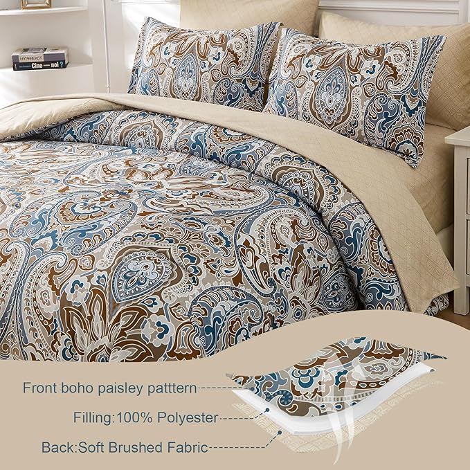 Drucon Brown Comforter Set King, 7 Pieces Bed in a Bag Comforter Boho Paisley Pattern Bedding Soft Microfiber King Size (1 Comforter, 1 Flat Sheet, 1 Fitted Sheet, 2 Pillow Shams, 2 Pillowcases)