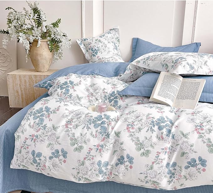 French Country 100% Natural Cotton Duvet Cover Sets 3Pcs - Delicate Pastel Floral Print on White with Soft Blue Mini Check Reverse, Neutral Bedding Set with Button Closure(Queen,90"×90"