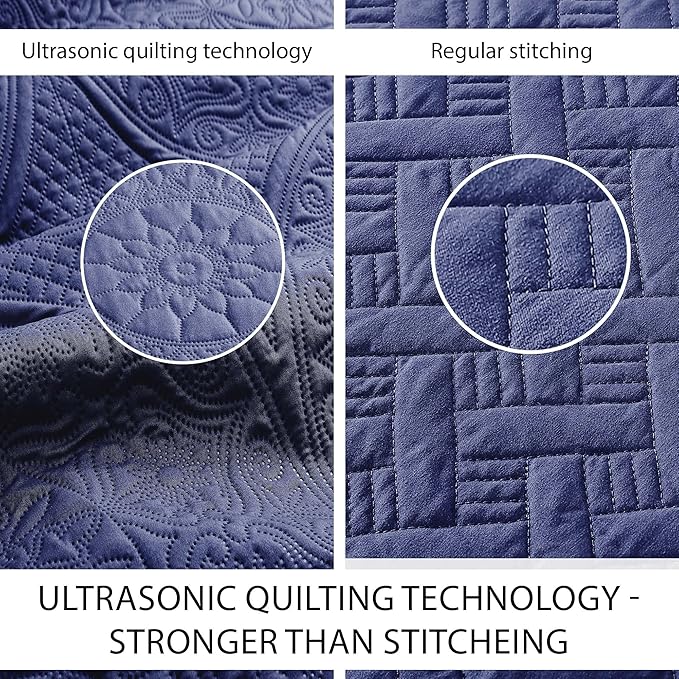 MOONLIGHT20015 Queen Quilt Bedding Set Size (90" x 96") + 2 Pillow Shams (20" x 26"+ 2") - 3 Pcs All Season Lightweight Reversible Embossed Quilt Microfiber Coverlet Floral Bedspread (Navy)
