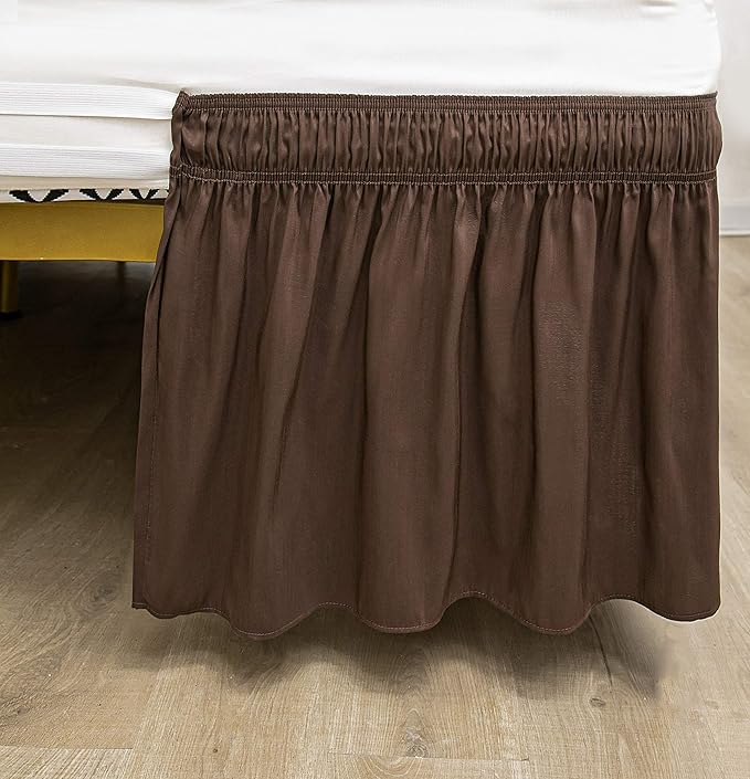Wrap Around Bed Skirts Elastic Dust Ruffles, Easy Fit Wrinkle and Fade Resistant Silky Microfiber Fabric Solid Color Bedskirt, 12 Inch Tailored Drop Brown for Twin XL Size Bed Skirt