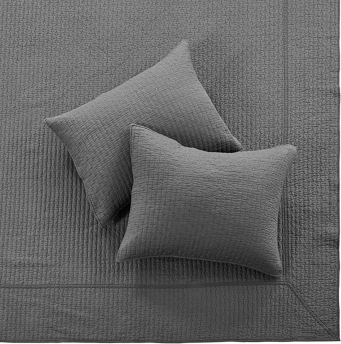 Levtex Home Cross Stitch Reversible Twin Bedspread Set (84x104in) with 1 Pillow Sham (26x20in) - Stitch Texture - Charcoal - Cotton Twin Size Bedspread Set - Lightweight, Soft, Pre-Washed
