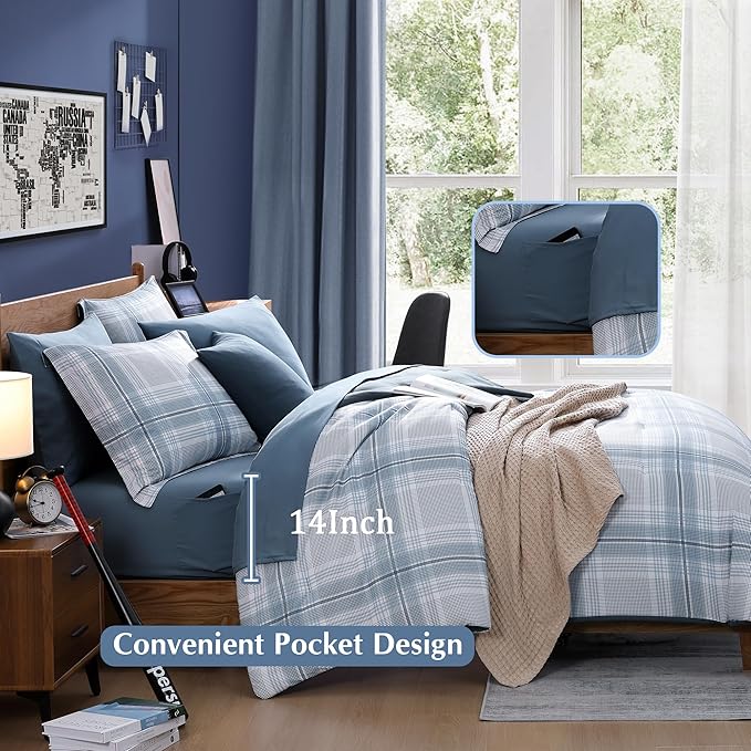Twin XL Comforter Set, Light Blue Plaid Bedding Set 5 Piece for Boys Girls Teen, Classic Homestead-Style Kids Comforter Set Bed in A Bag with Sheets, Pillowcase & Sham