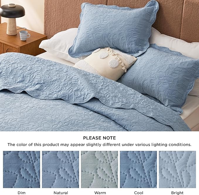 Bedsure Quilts Queen Size - Ultra Soft Pre-Washed Cloud-Like Bedding, All-Season Lightweight Comforter for Country Bedroom, Leaf Design Coverlet in Mineral Blue, 90 x 96 Inches