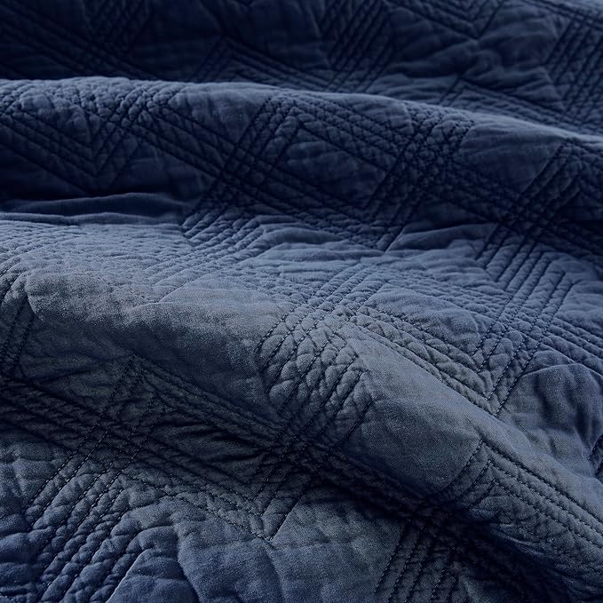 WDCOZY 100% Cotton Twin Size Quilt Set - Navy Blue Pre-Washed Soft Lightweight Modern Bedspread, Farmhouse Country Rustic Coverlet, Textured Like Linen, Shabby Chic Gauze Bedding, 2 Pieces