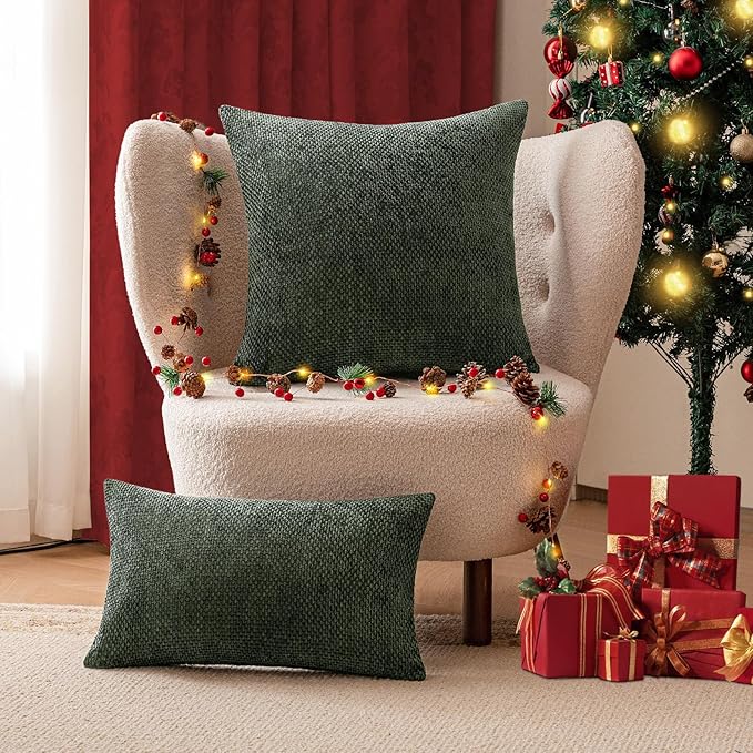 a moment Christmas Dark Green Chenille Throw Pillow Covers 20x20 Inch Pack of 2 Modern Decorative Throw Pillow Covers Farmhouse Cross Covers Home Decor for Sofa Bedroom Living Room