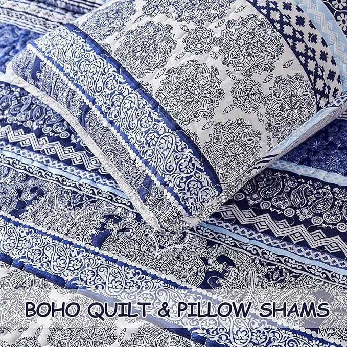 WONGS BEDDING Boho Quilt Set King Size, Blue Bohemian 3 Pieces Quilt Sets, Lightweight Bedspread Coverlet Bedding Set for All Season (103"x90")