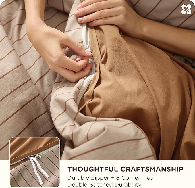 Bedsure Striped Duvet Cover King Size,100% Washed Cotton Duvet Cover Linen Like Textured, Classic Striped Pattern Enhances Bedroom Comfort and Style, Stripes Camel/Brown, 104"x90"
