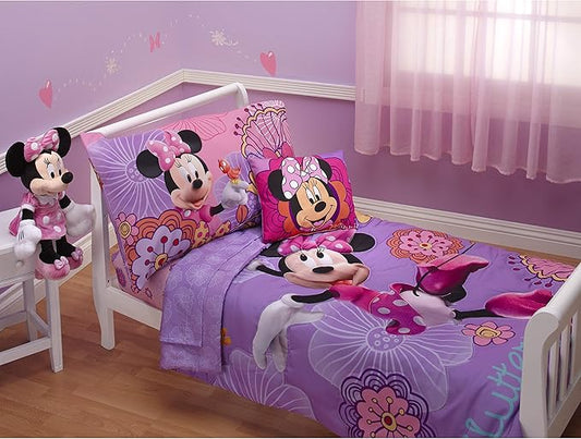 Disney 4 Piece Minnie's Fluttery Friends Toddler Bedding Set, Lavender