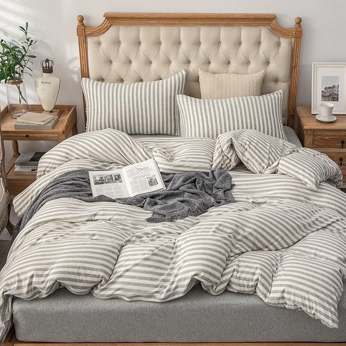 PURE ERA Jersey Knit Duvet Cover Set 100% T-Shirt Heather Cotton Super Soft Comfy Classic Striped Design, with Zipper Closure, Grey & White Stripe, King