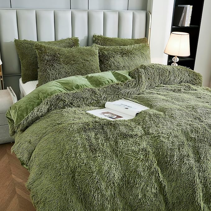 Uhamho Faux Fur Velvet Fluffy Bedding Duvet Cover Set Down Comforter Quilt Cover with Pillow Shams, Ultra Soft Warm and Luxury (King, Sage)