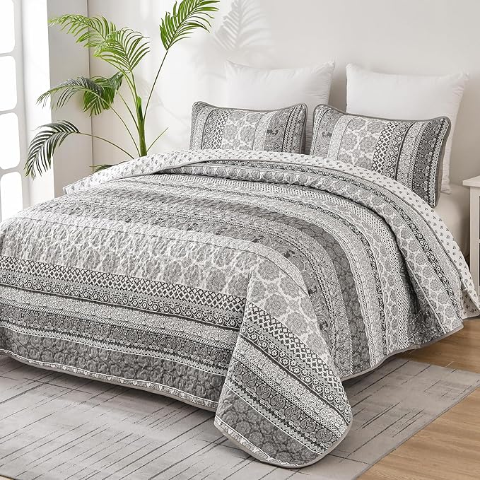 WONGS BEDDING Boho Quilt Set King Size, Gray Bohemian 3 Pieces Quilt Sets, Grey Lightweight Bedspread Coverlet Bedding Set for All Season (104"x90")