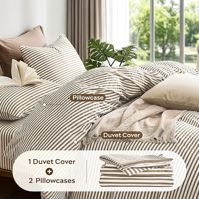 JELLYMONI 100% Natural Cotton 3pcs Striped Duvet Cover Sets,White with Khaki Stripes Pattern Printed Comforter Cover,with Zipper Closure & Corner Ties(King Size)