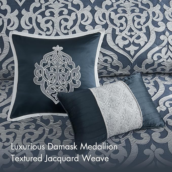 Madison Park Odette Cozy Comforter Set Jacquard Damask Medallion Design - Modern All Season, Down Alternative Bedding, Shams, Decorative Pillows, Queen(90 in x 90 in),Navy 8 Piece