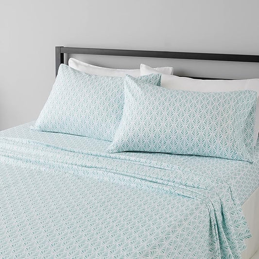 Amazon Basics Lightweight Breathable Brushed Microfiber 4-Piece Bed Sheet Set with 14-Inch Deep Pockets, Wrinkle Resistant, Queen, Aqua Fern, Printed