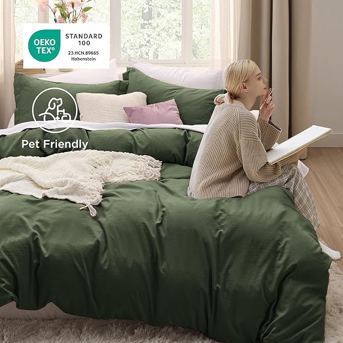 Bedsure Olive Green Duvet Cover Full Size - 3 Pieces Prewashed Extra Soft Cotton-Like Polyester Bedding Set, Includes 1 Duvet Cover 80x90 Inches with Zipper Closure & 2 Pillow Shams, No Comforter