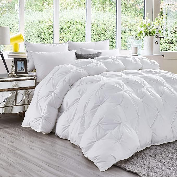 Luxurious All-Season Goose Down Feather Fiber Comforter Oversize Queen Duvet Insert (98x98), Exquisite Pinch Pleat Design- White, Premium Baffle Box, 100% Egyptian Cotton Cover, 70 oz. Fill Weight