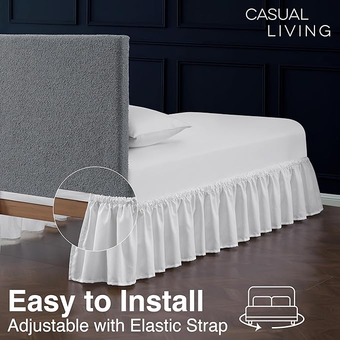Casual Living Bed Skirt Wrap Around Ruffled Style Box Spring Cover Bed Skirts for Bedroom Decor Machine Washable Premium Bedding 15-Inch Drop Elastic Dust Ruffle, Twin/Twin XL, White